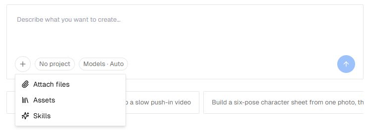 Menu de anexos com Attach files, Assets e Skills