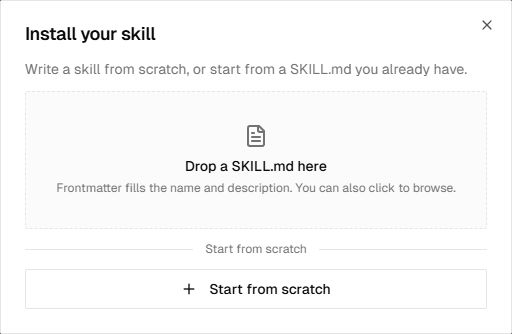 Janela de instalação com área para SKILL.md e opção Start from scratch