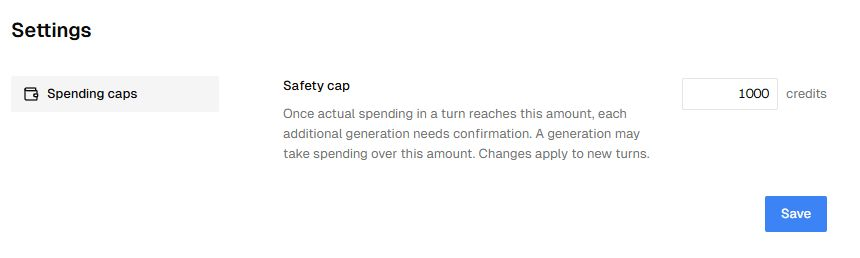Configurações de gastos com explicação de Safety cap e botão Save