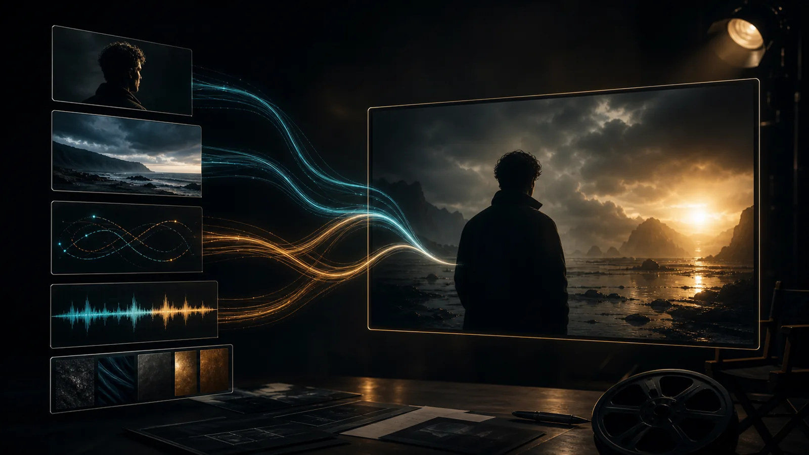 Concept illustration of multimodal references converging into a cinematic frame
