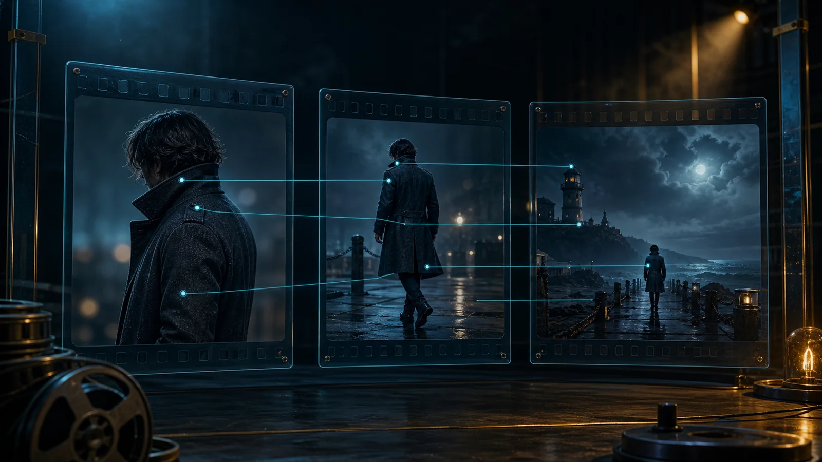 Concept illustration of one consistent character across three cinematic shots