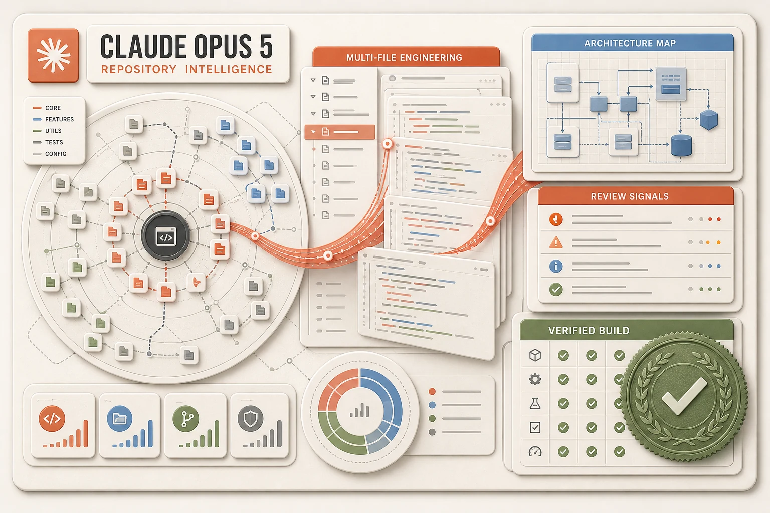 Claude Opus 5 repository intelligence infographic connecting a repository map, multi-file engineering, architecture review, and verified builds