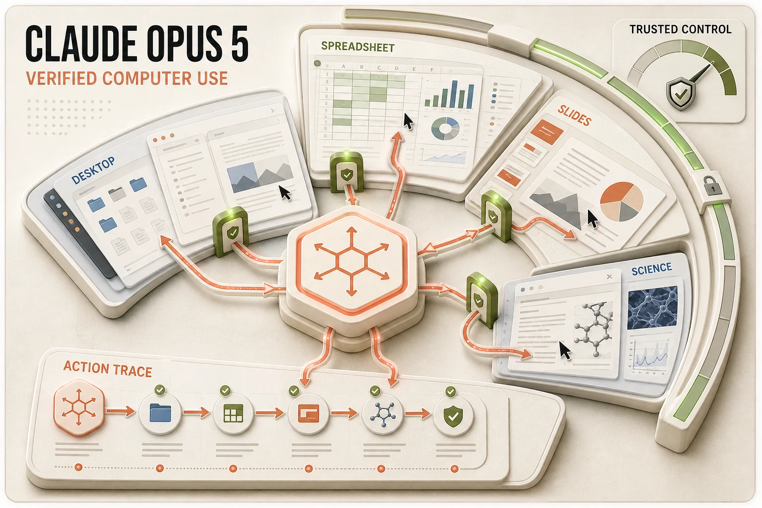Claude Opus 5 verified computer-use infographic coordinating desktop, spreadsheet, slides, and science workflows through validation gates