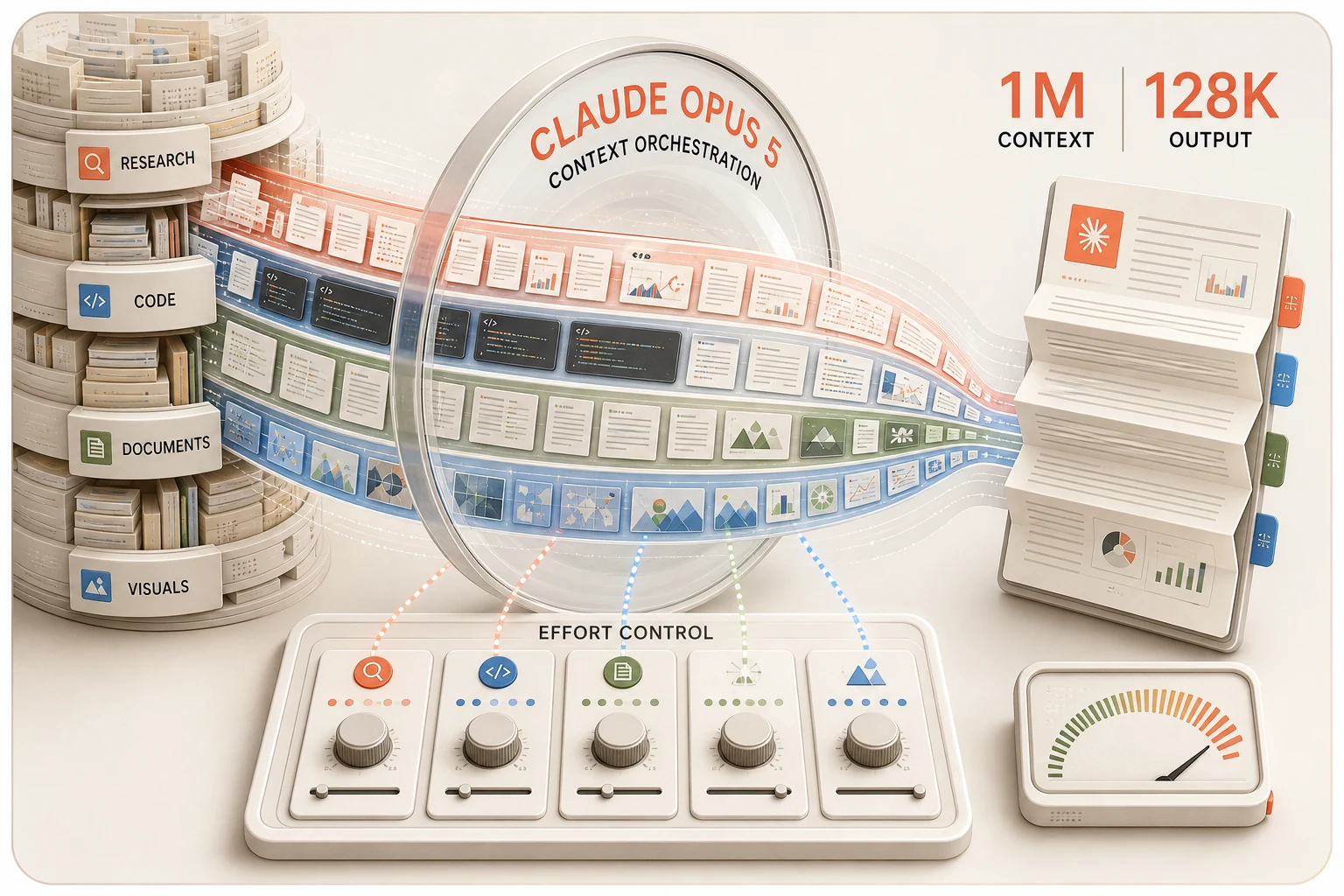 Claude Opus 5 context orchestration infographic showing a one-million-token context river, 128K output, and effort controls