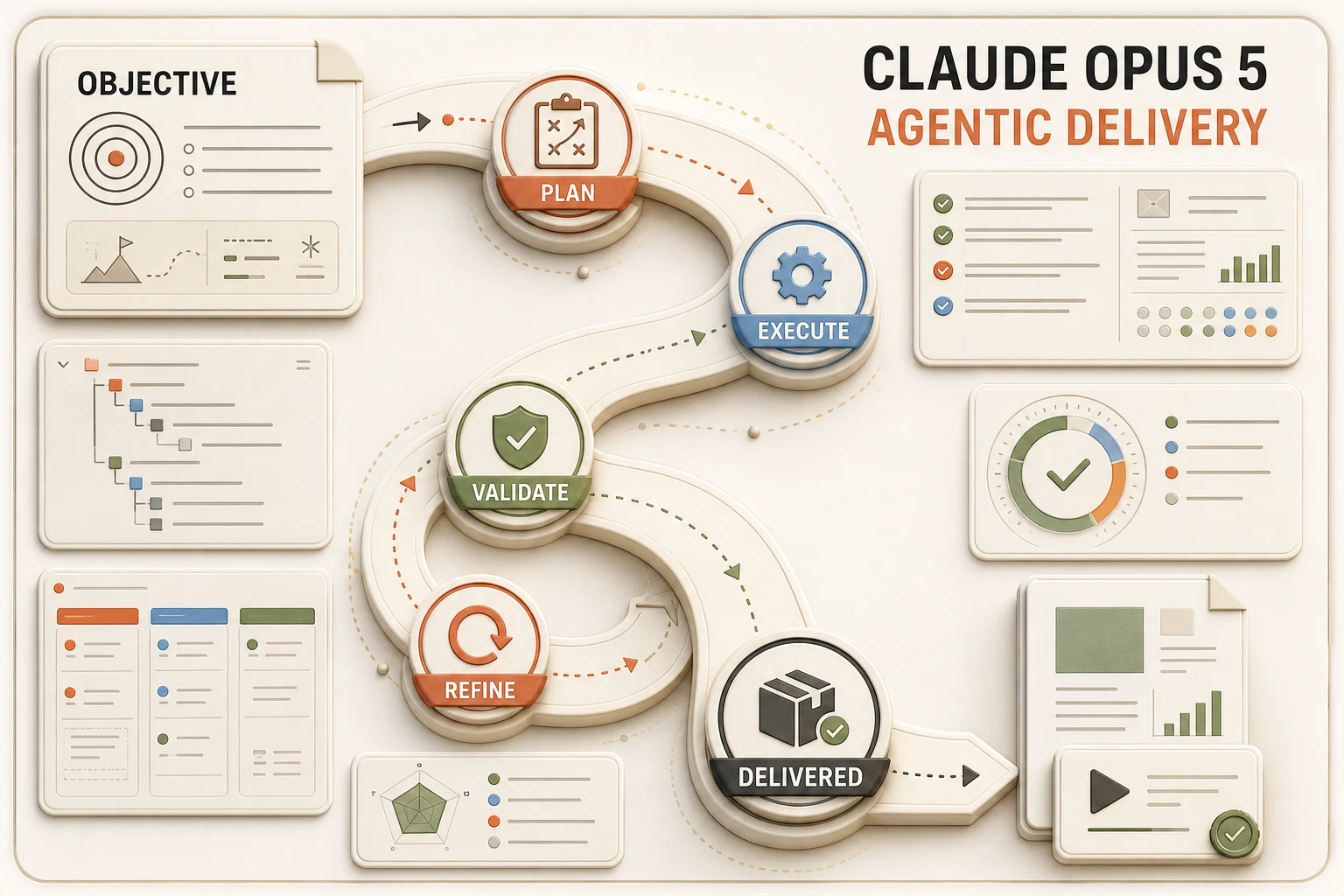 Claude Opus 5 agentic delivery infographic with an S-shaped route from objective through planning, execution, validation, refinement, and delivery