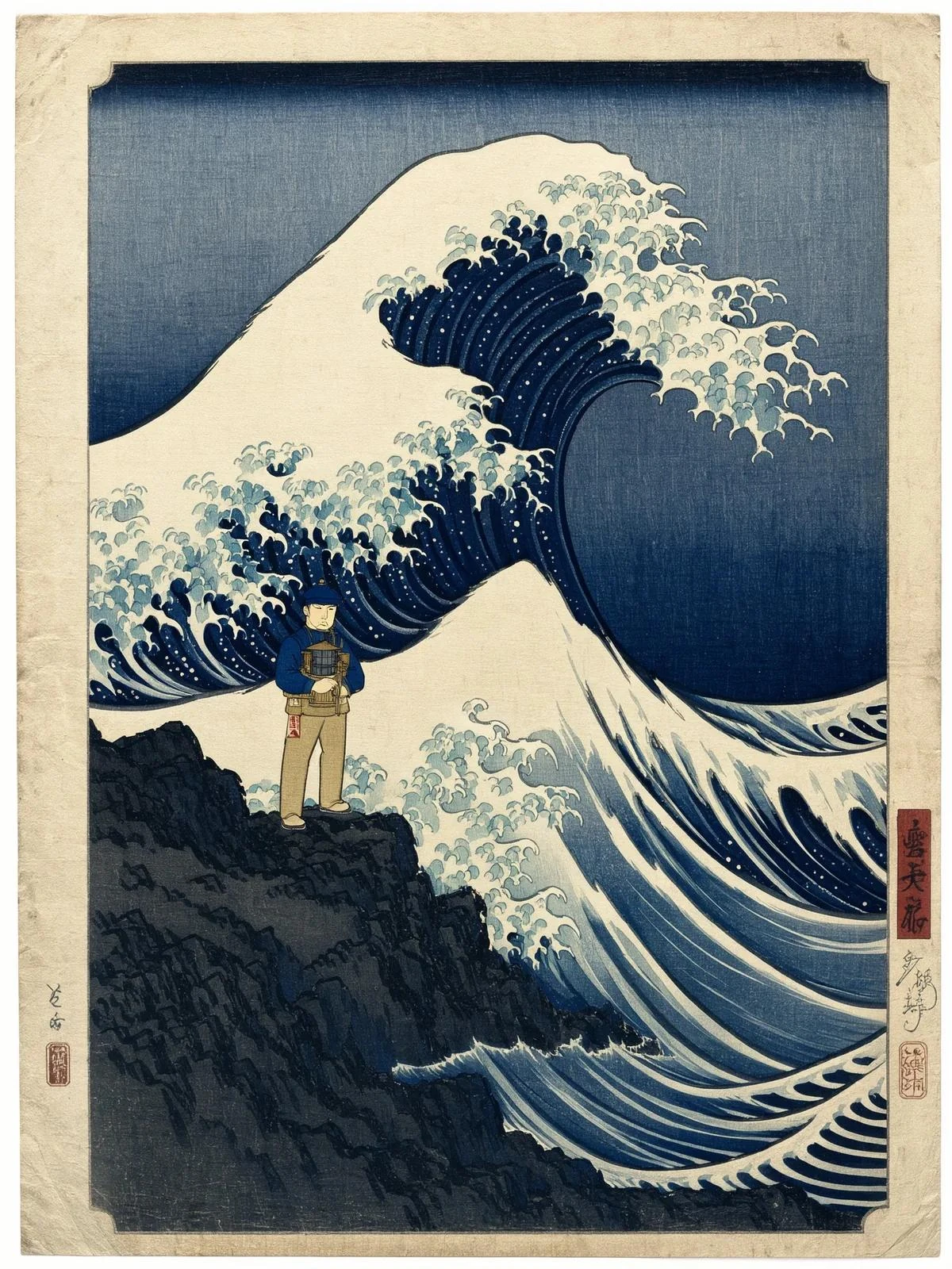 FLUX 3 Image Klein woodblock-style illustration of a lantern keeper beside storm waves