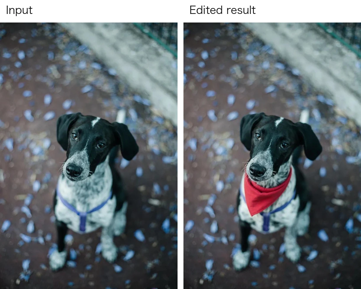 Input dog photograph and edited result with a red bandana