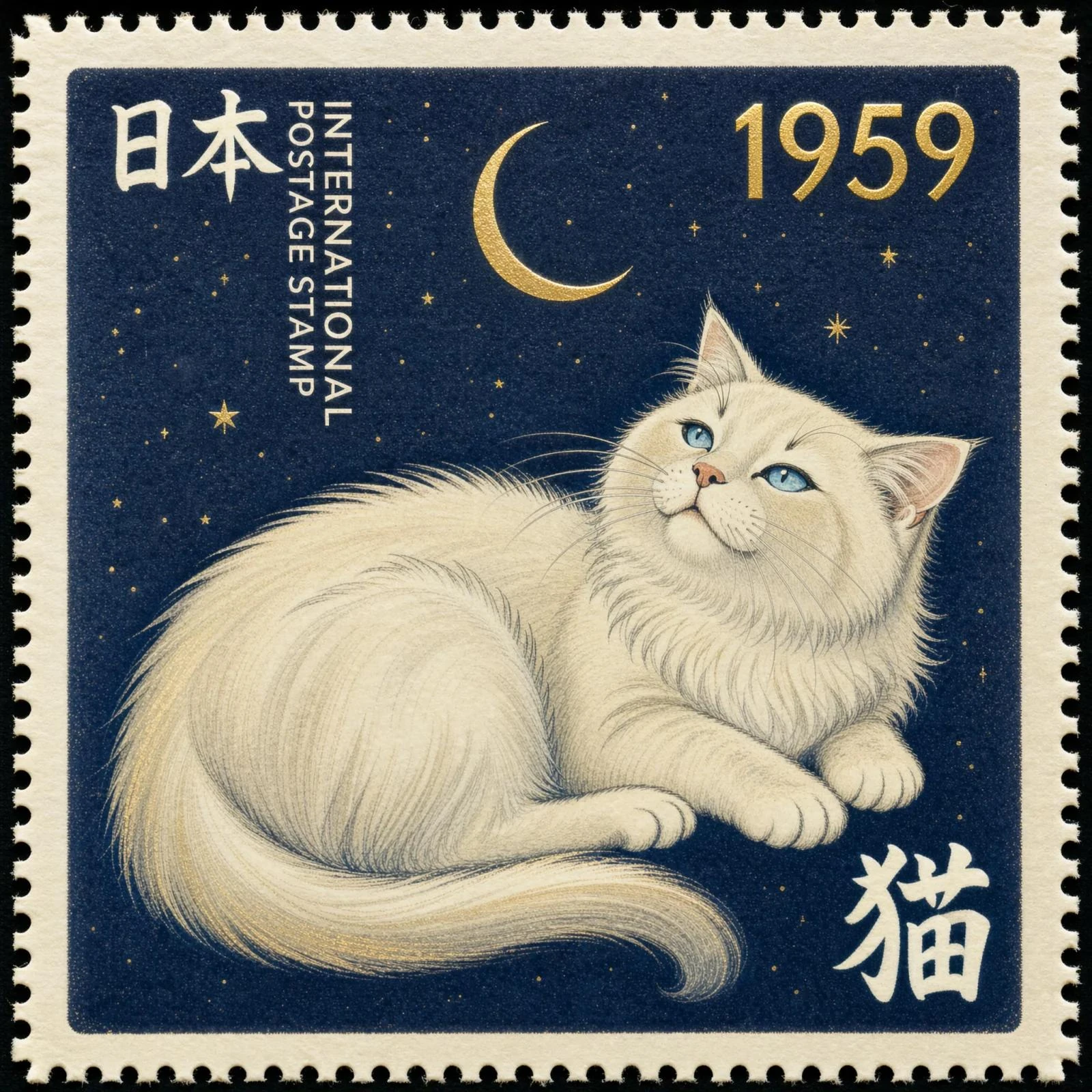 Square cat postage-stamp illustration with its full composition preserved