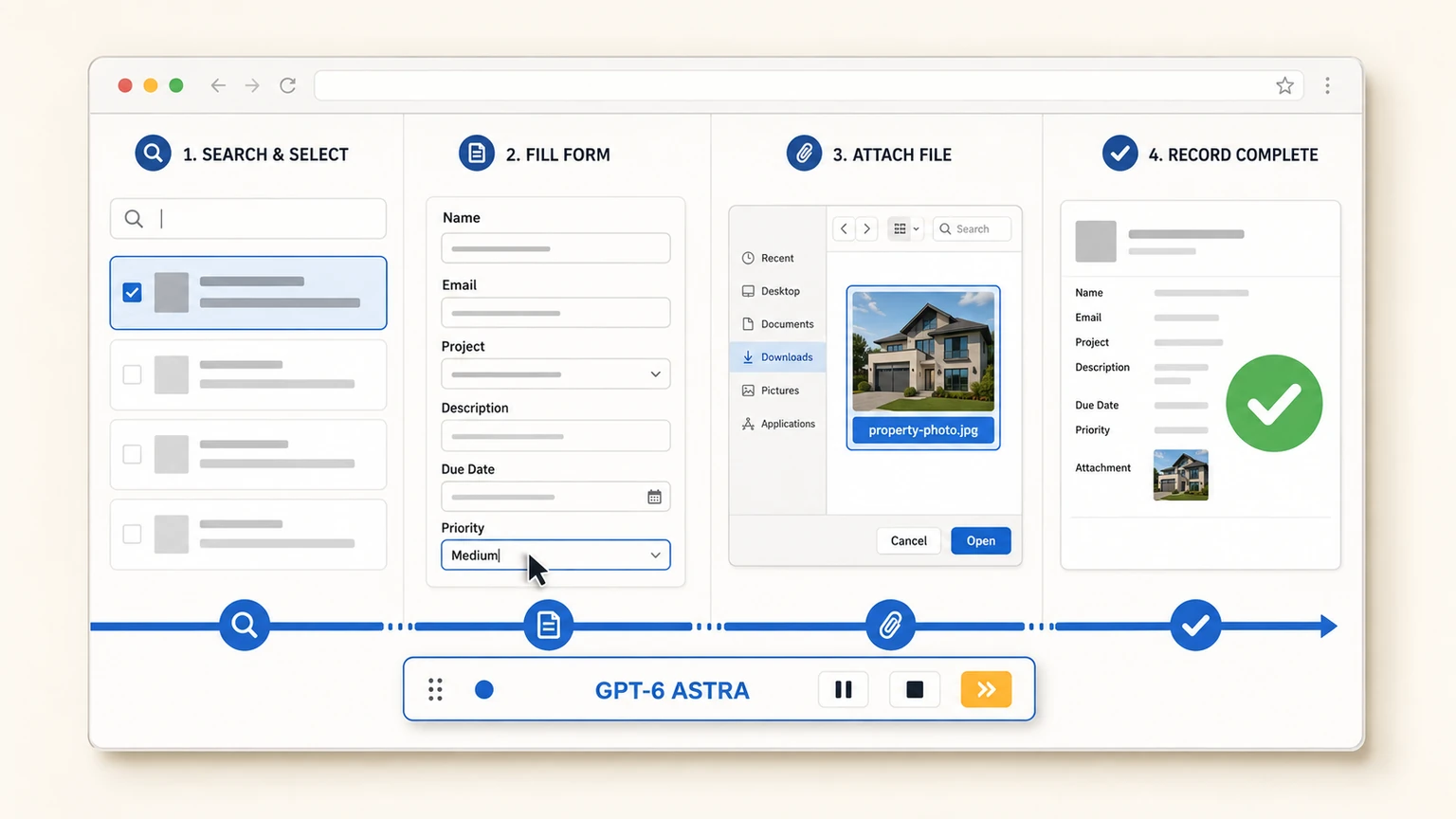 GPT-6 Astra completing browser research, form entry, file upload, and record verification