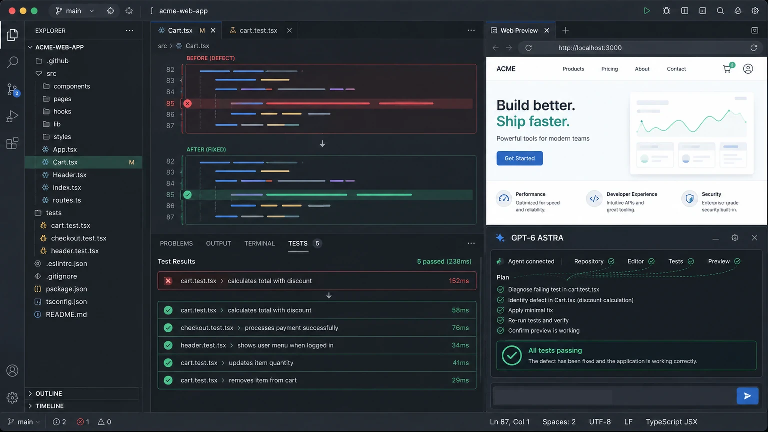 GPT-6 Astra coordinating repository edits, debugging, tests, and live interface verification