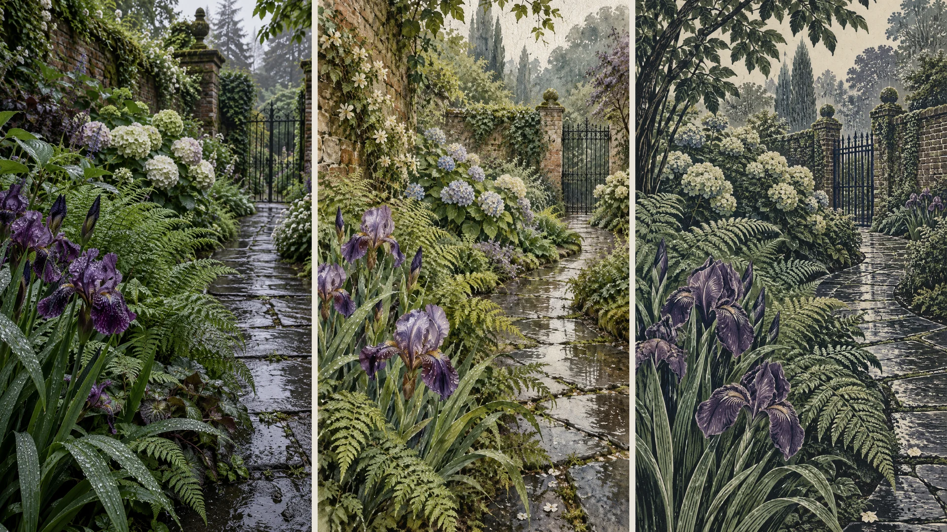 A rain-soaked garden explored through natural photography, layered watercolor and a textured linocut print