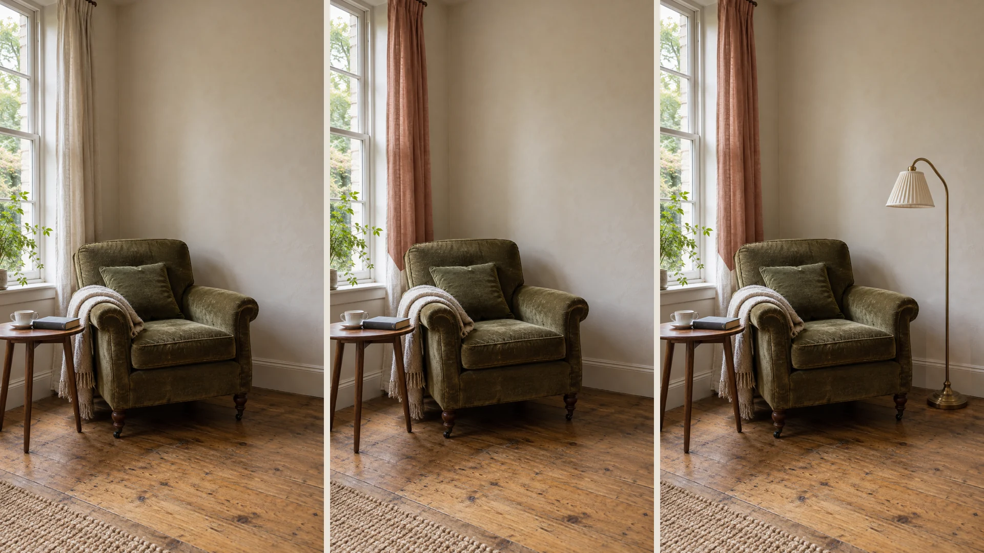 A reading corner across three revisions: ivory curtains, terracotta curtains, then an added brass floor lamp