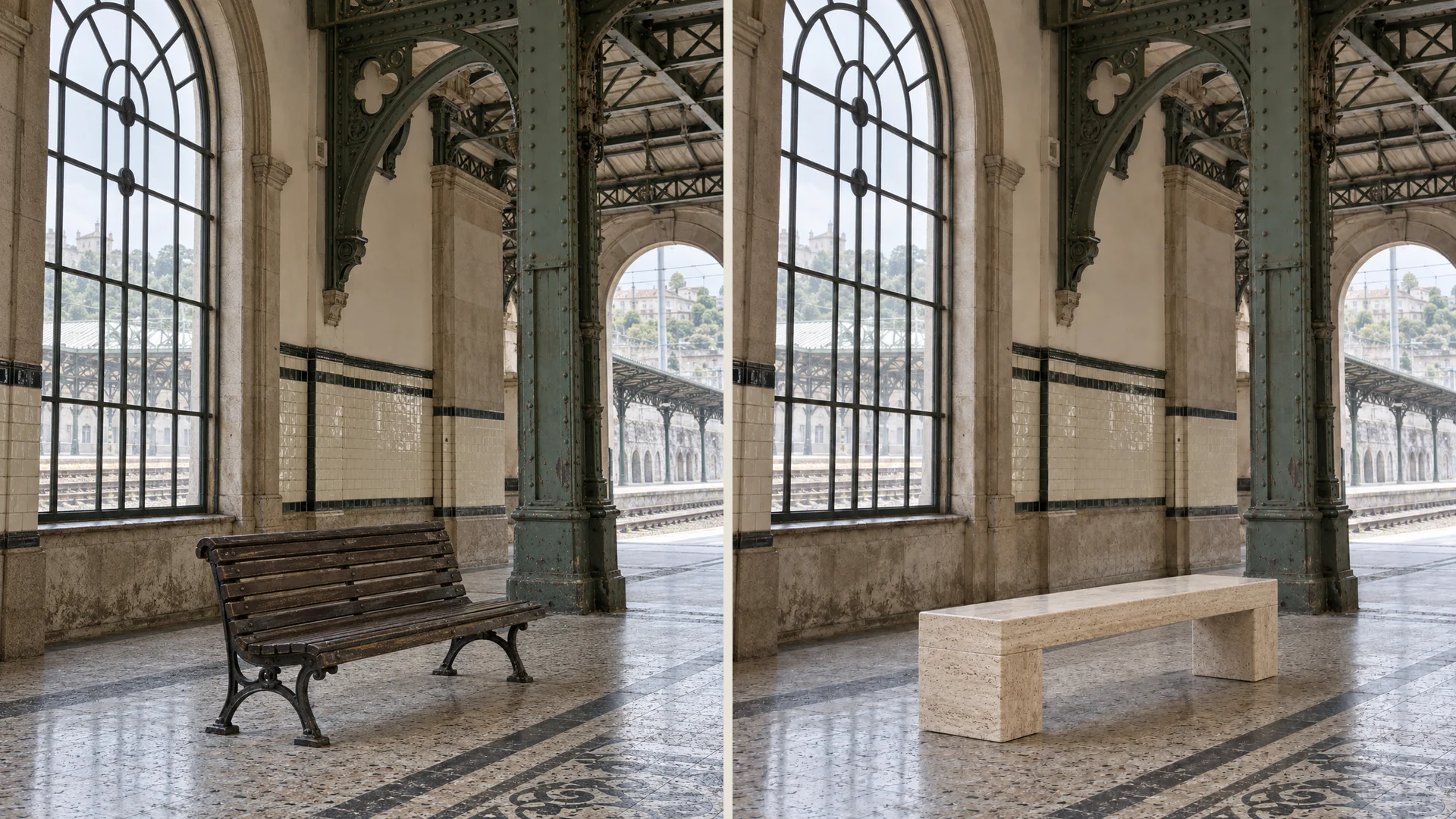 Before and after a wooden station bench is replaced with travertine while the arched windows and ironwork remain in place