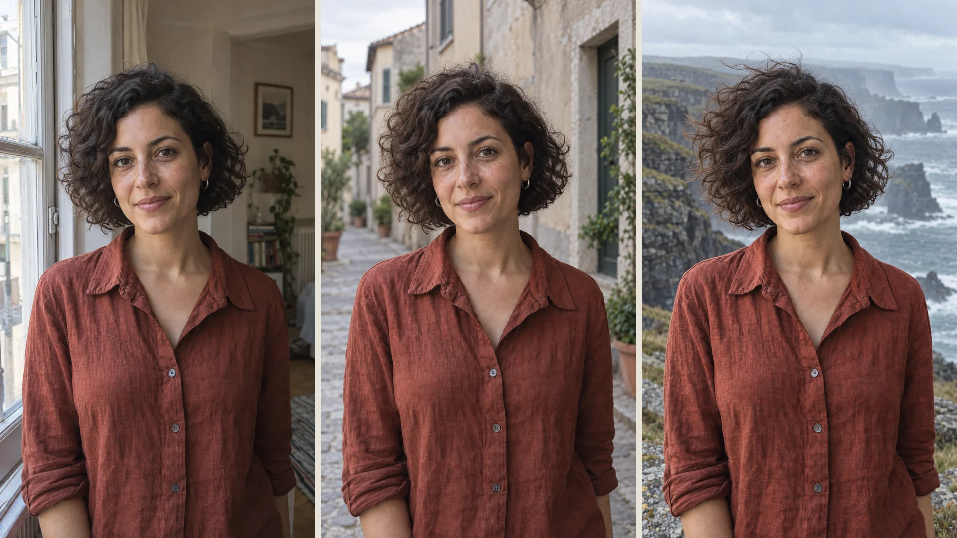 The same woman by an apartment window, on an old street, and beside coastal cliffs, retaining her facial features and linen shirt