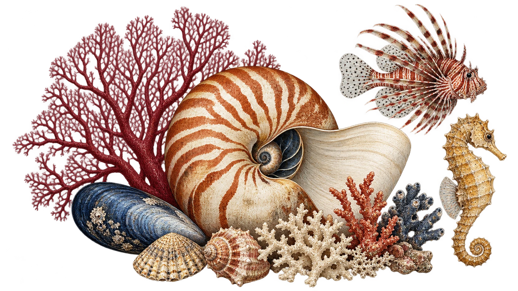 Intricate hand-painted nautilus shell, sea fan, lionfish, seahorse and coral arranged on a transparent background