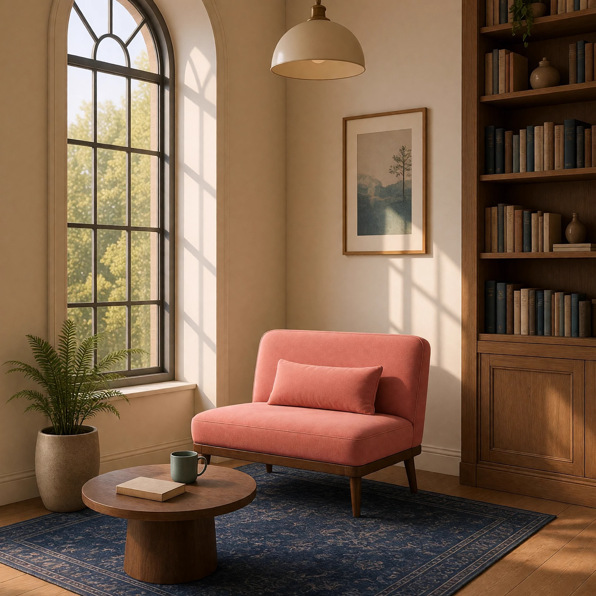 A reading room before and after a precise local edit changes only the selected chair