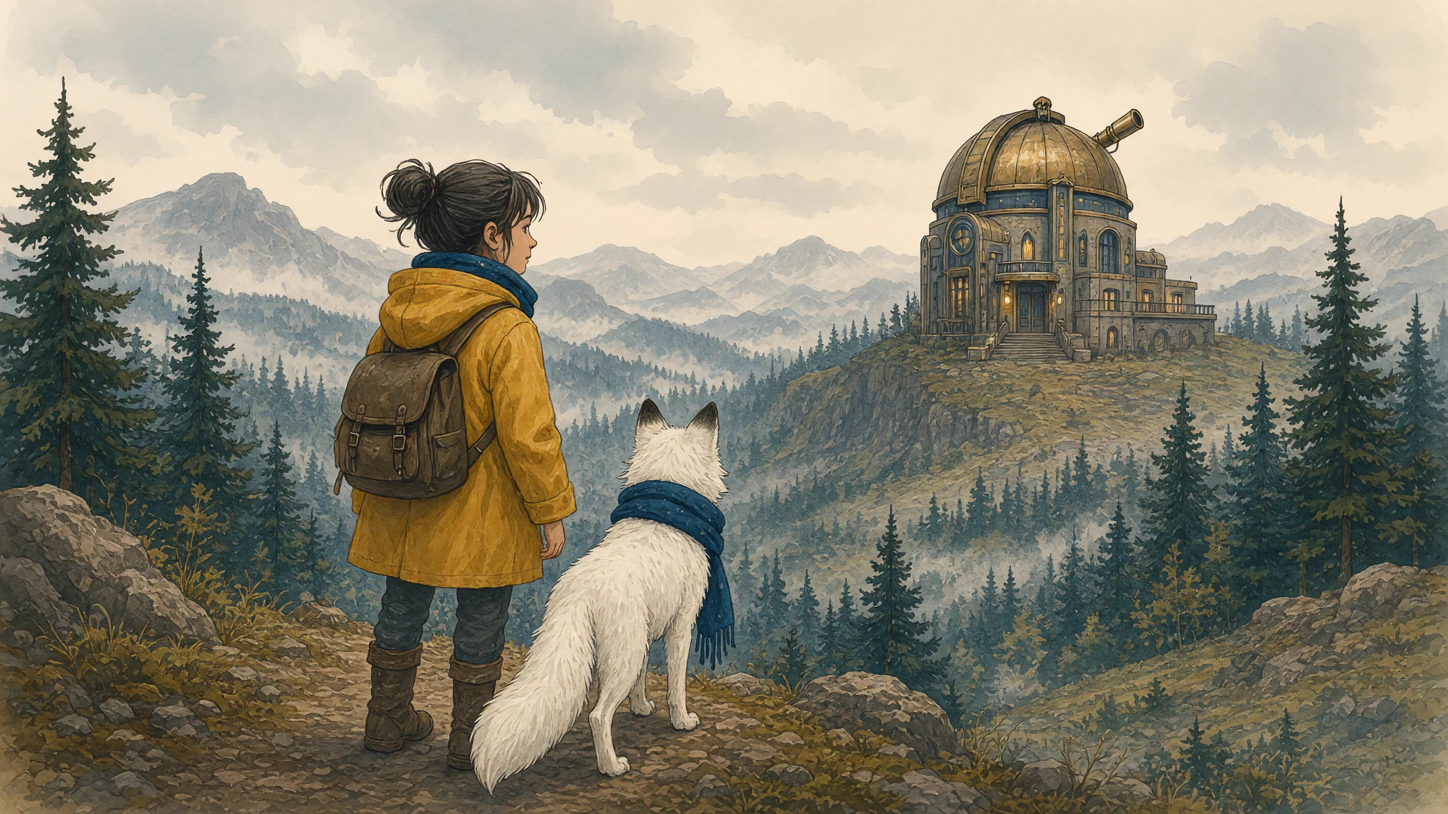 Multiple visual references blended into one consistent explorer and observatory scene