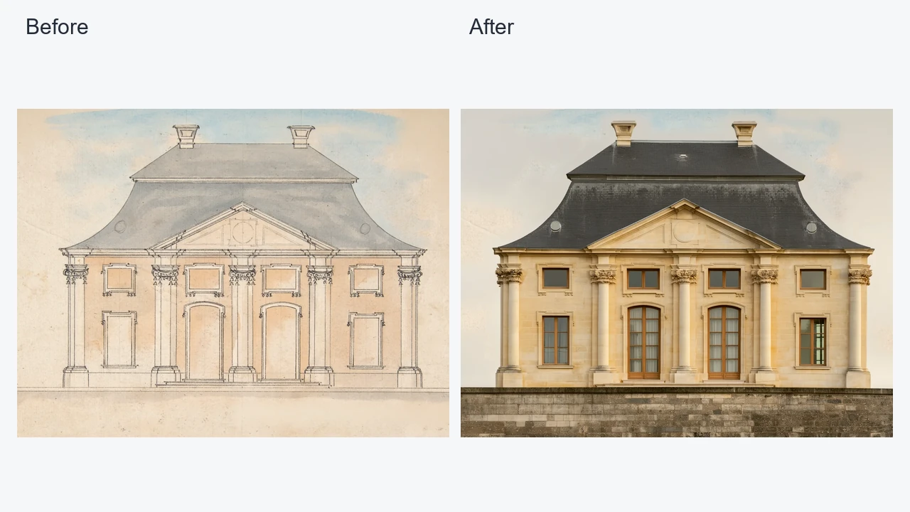 Before-and-after comparison of an architectural elevation drawing and a photorealistic building render preserving the overall facade and proportions