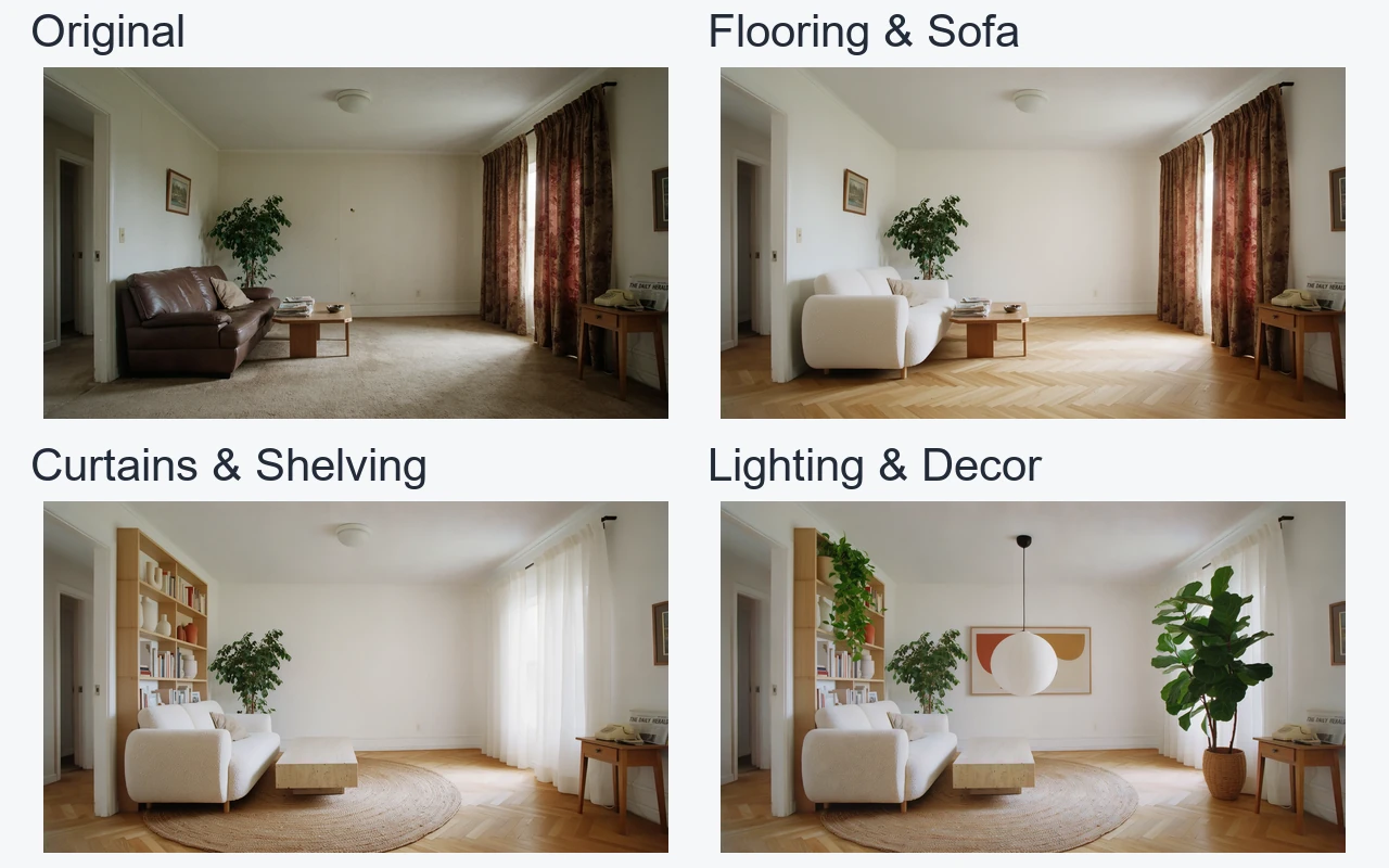 Four-panel progression from the original living room to new flooring and sofa, curtains and shelving, then lighting and decor while preserving the room structure