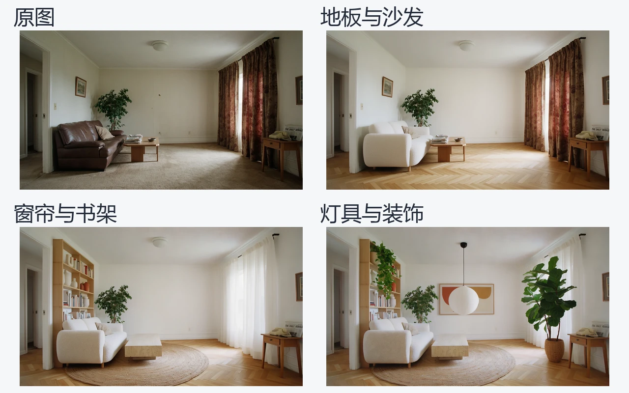 客厅连续编辑四宫格：原图、地板与沙发、窗帘与书架、灯具与装饰，保留空间结构和视角