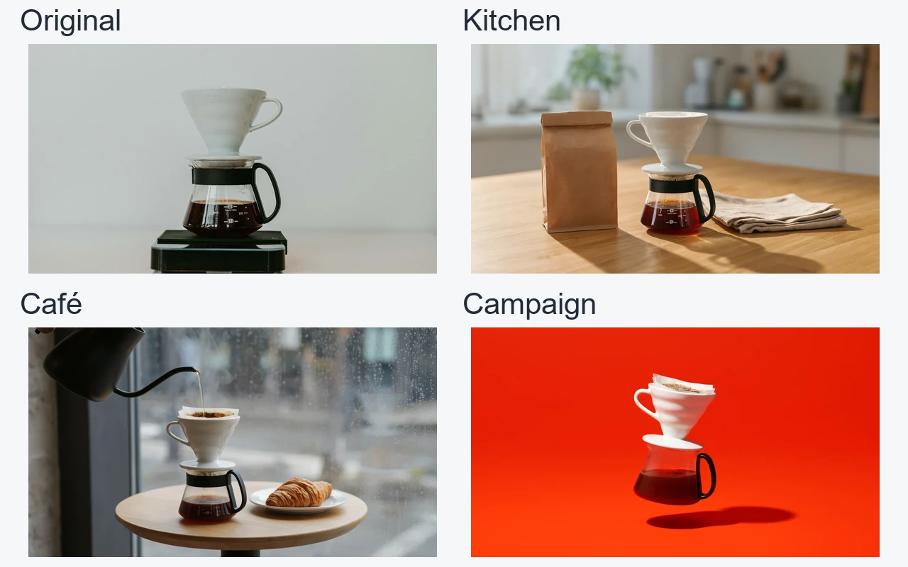 Four-panel comparison of the same pour-over dripper and glass server in the original photo, a kitchen, a café and an orange campaign backdrop