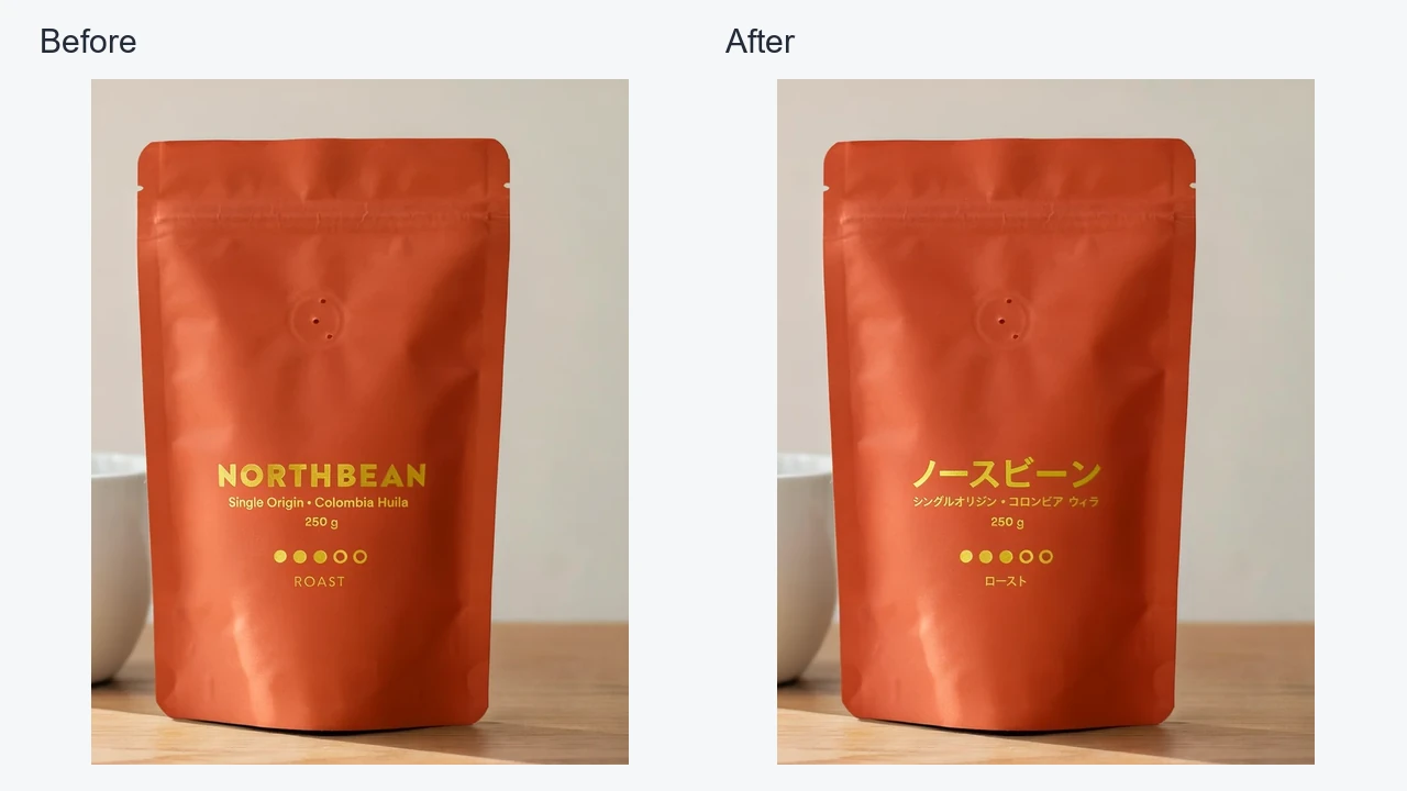Before-and-after comparison of English coffee packaging translated into Japanese while retaining the pouch design and typography layout