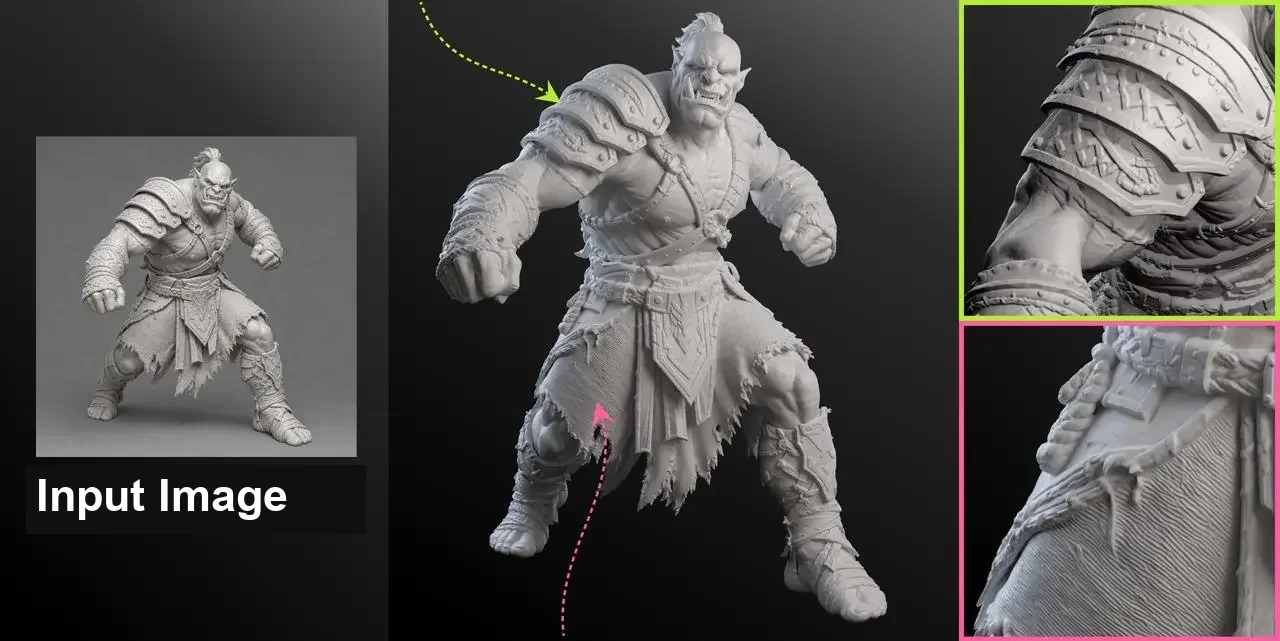 Official Meshy 7.1 orc reference image, clay 3D result, and armor and fabric close-ups