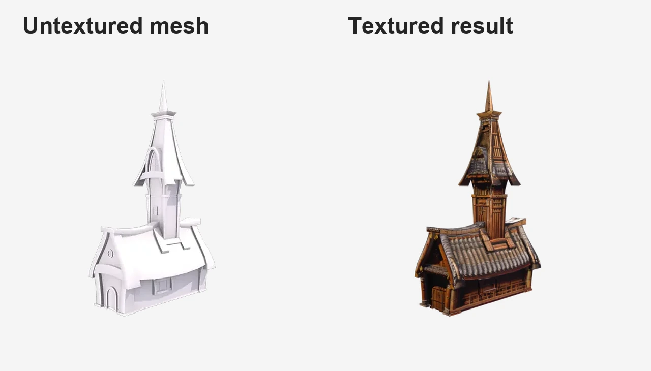 Official Meshy texturing workflow illustration of the same building before and after texturing