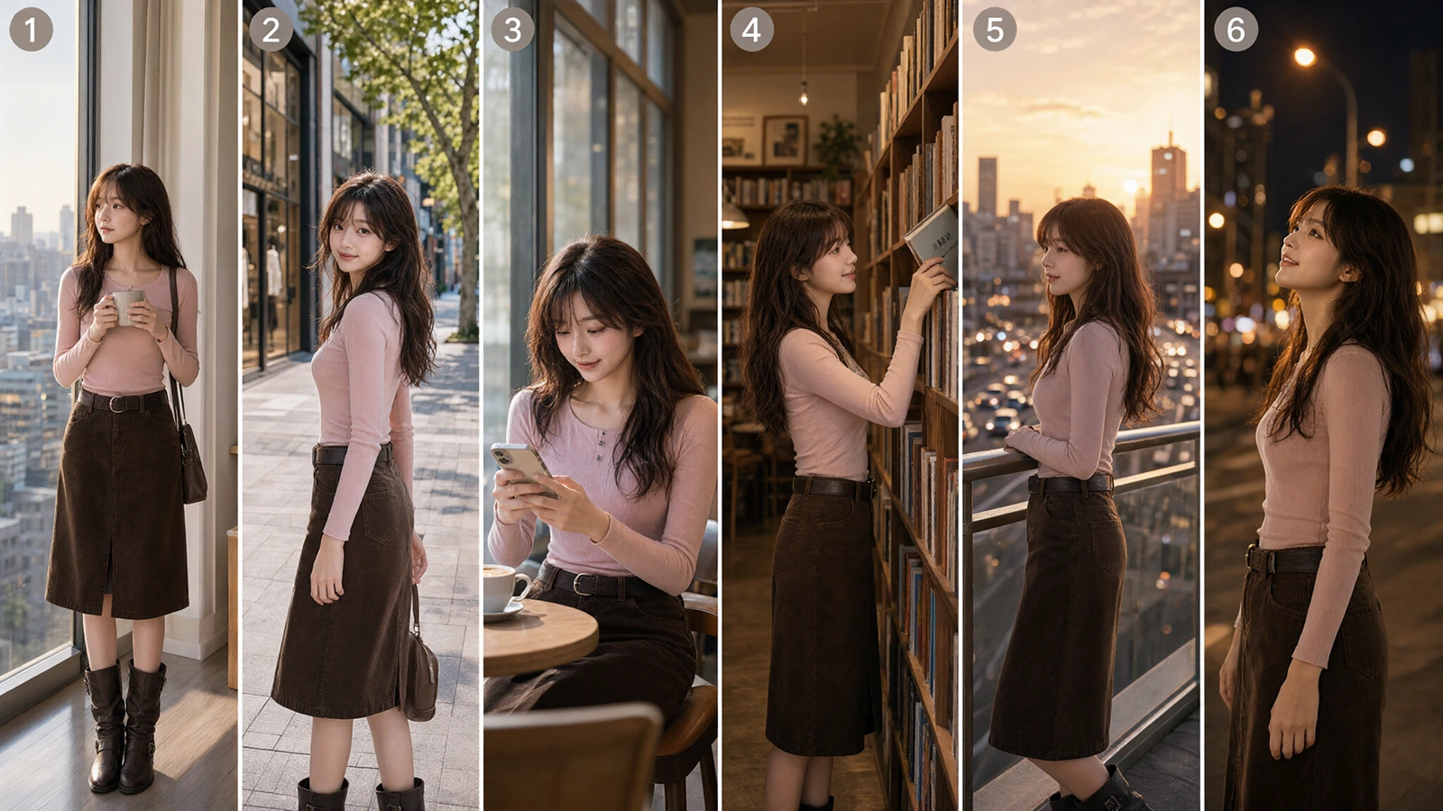 Official Qwen Image 2.1 six-panel character storyboard