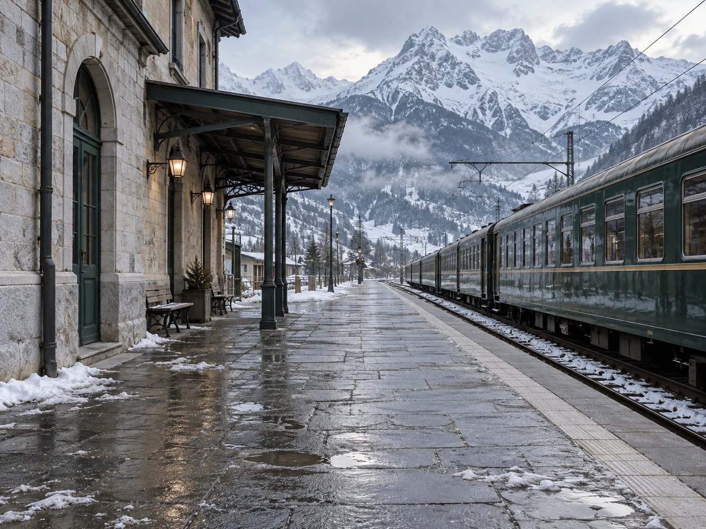 Seedream 5.0 Flash portre sahnesi için istasyon girdisi; treni, mimariyi ve karlı dağları sağlar