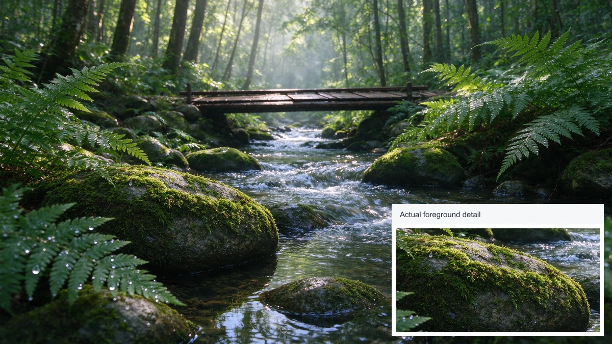 Ruisseau forestier après la pluie et gros plan sur les textures réelles de mousse