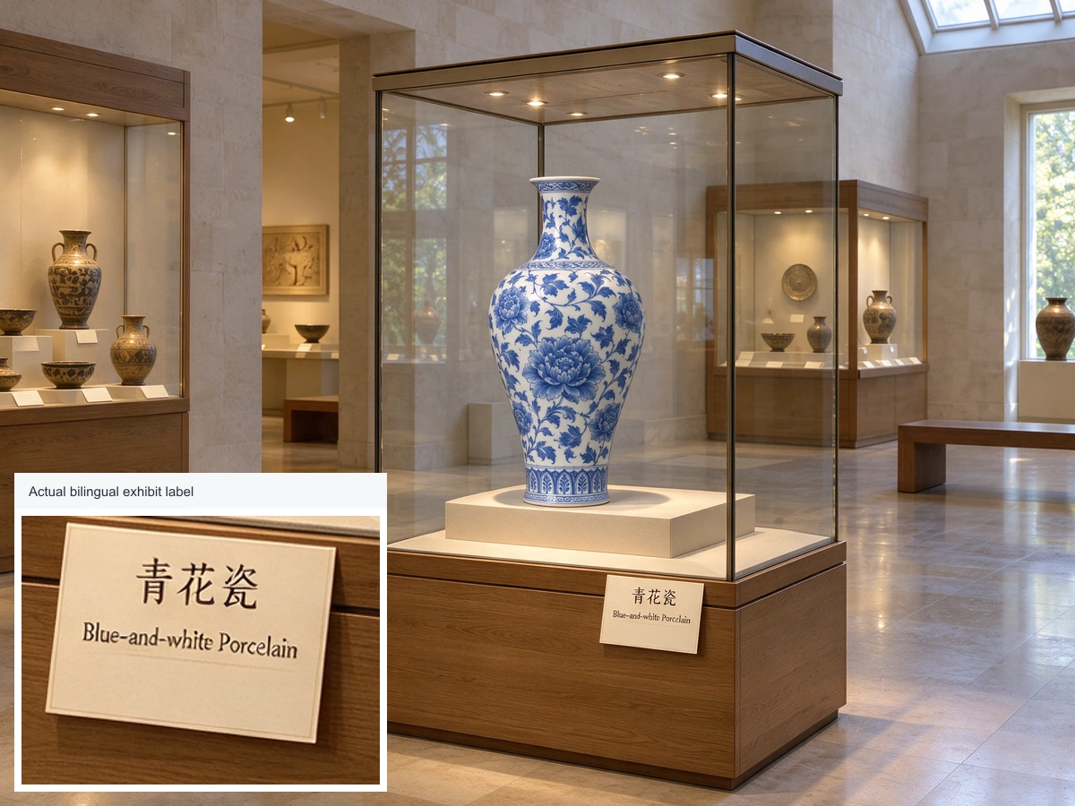 Porcelaine bleue et blanche exposée au musée avec une étiquette lisible en chinois et en anglais