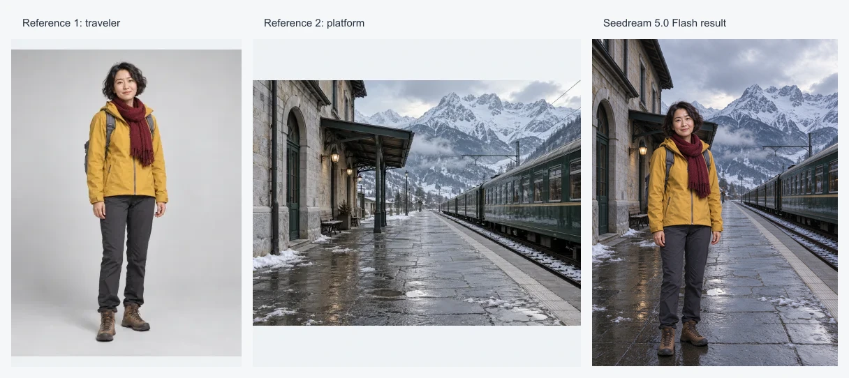 Références du voyageur et du quai alpin comparées au résultat retouché par Seedream 5.0 Flash