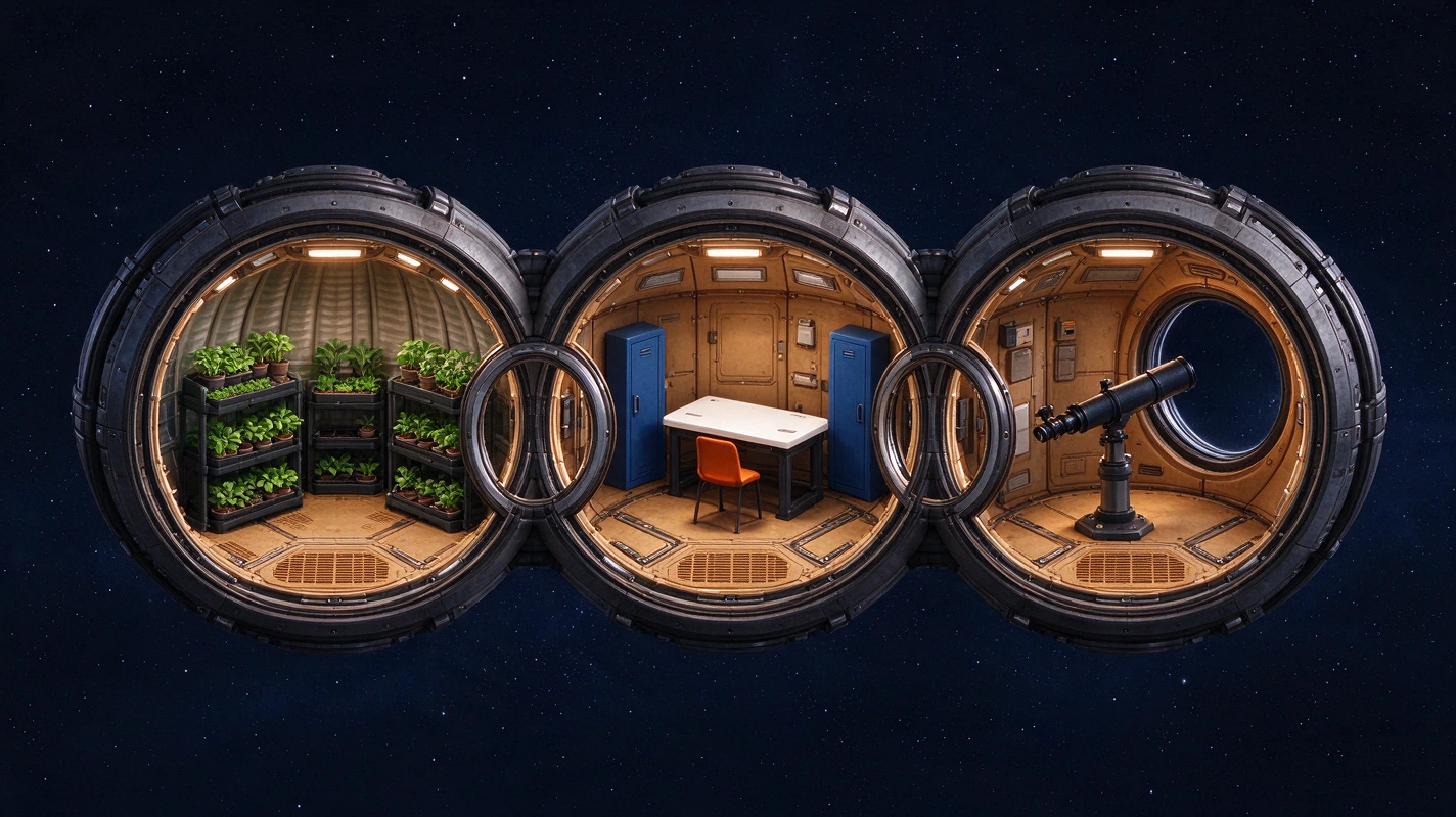 Trois modules reliés d’une station spatiale avec serre, établi et télescope
