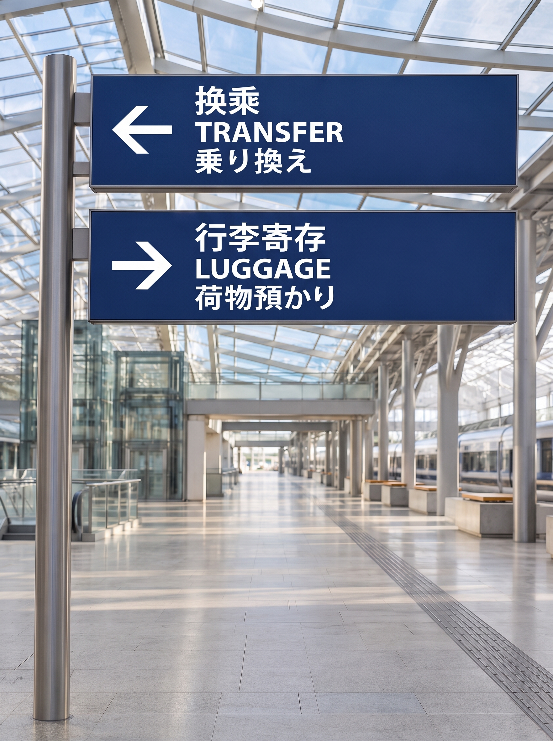 Insegne ferroviarie generate con Nano Banana 2.1, con testo cinese, inglese e giapponese per trasferimenti e deposito bagagli