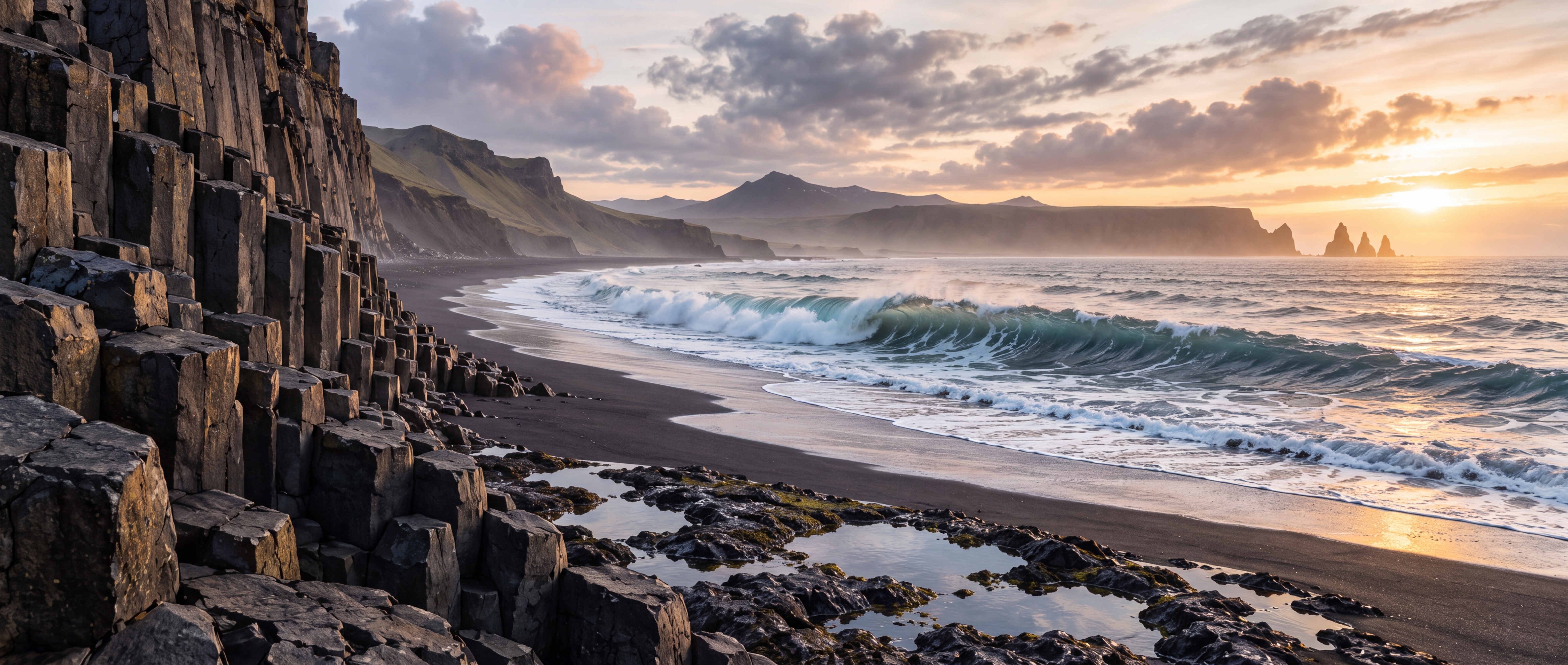 Un panorama costiero vulcanico 21:9 generato con Nano Banana 2.1 da uno schizzo, che mostra colonne di basalto, una spiaggia di sabbia nera e onde dell'oceano