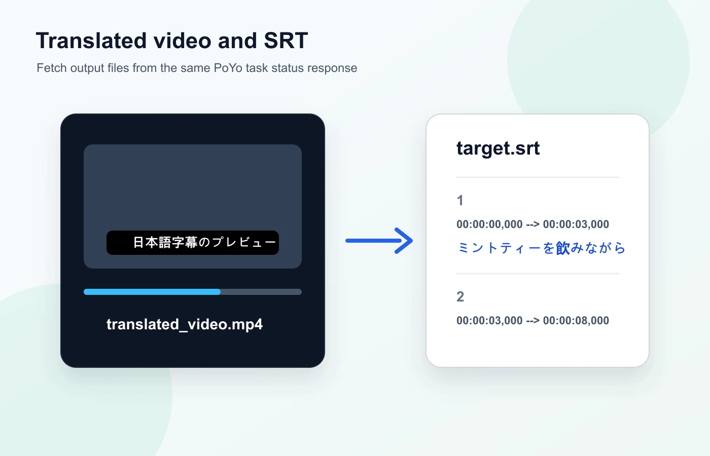 Video translator output files showing translated video preview and target SRT file